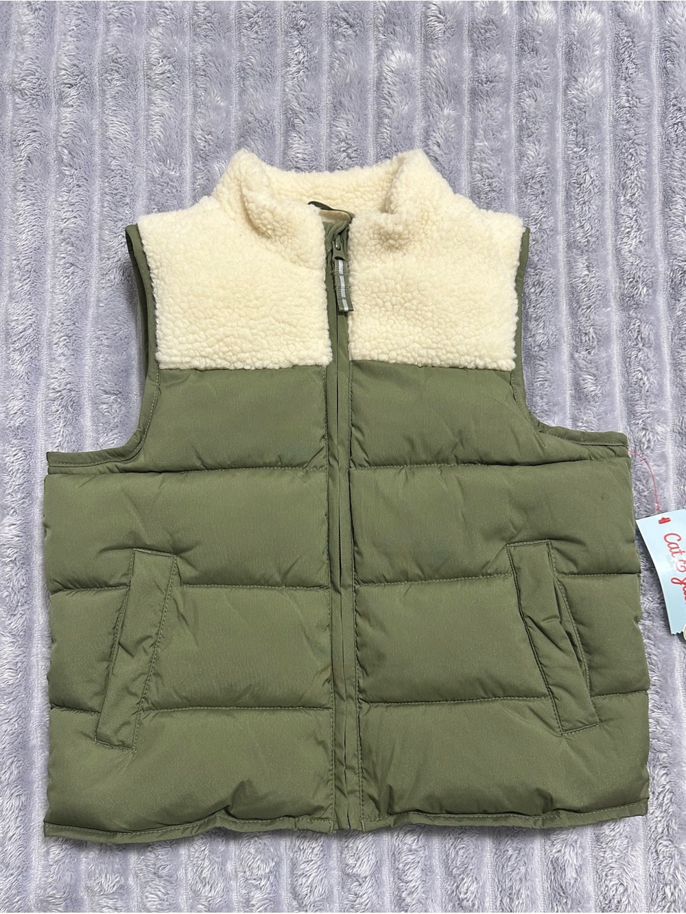 Cat & Jack Olive Green Puffer Vest with Cream Sherpa Yoke